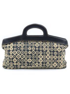 Chanel CC Logo Handbag Leather Cotton Black Beige